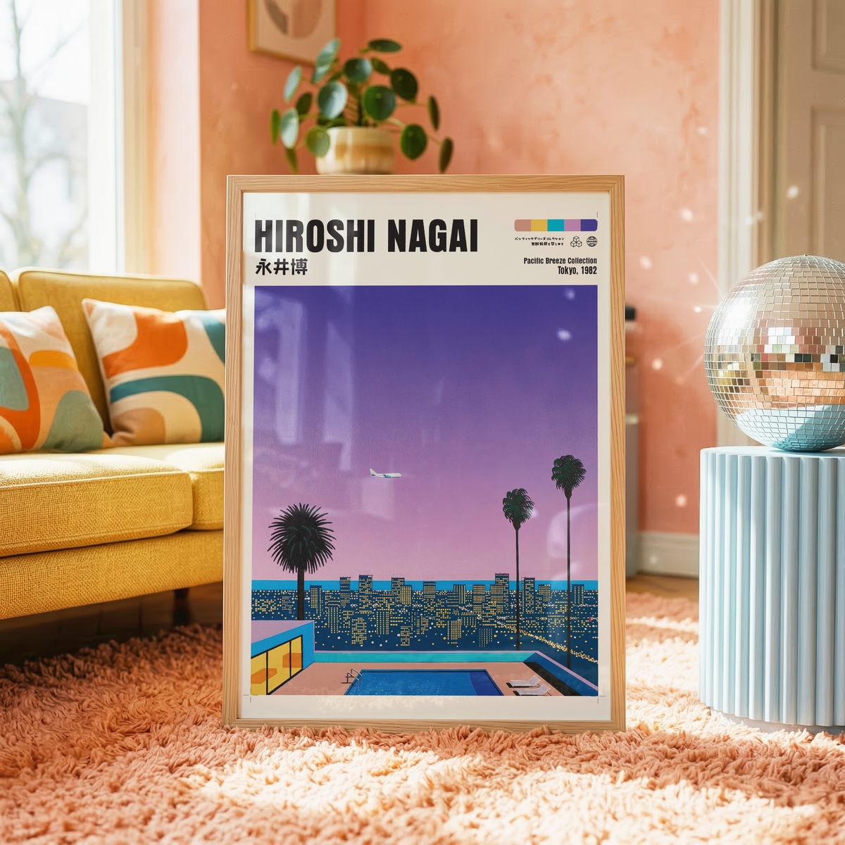 Hiroshi Nagai Pacific Breeze Poster, Tokyo Night Pool Art, Japanese City Pop Print, Retro Skyline Wall Decor, 80s Summer Artwork