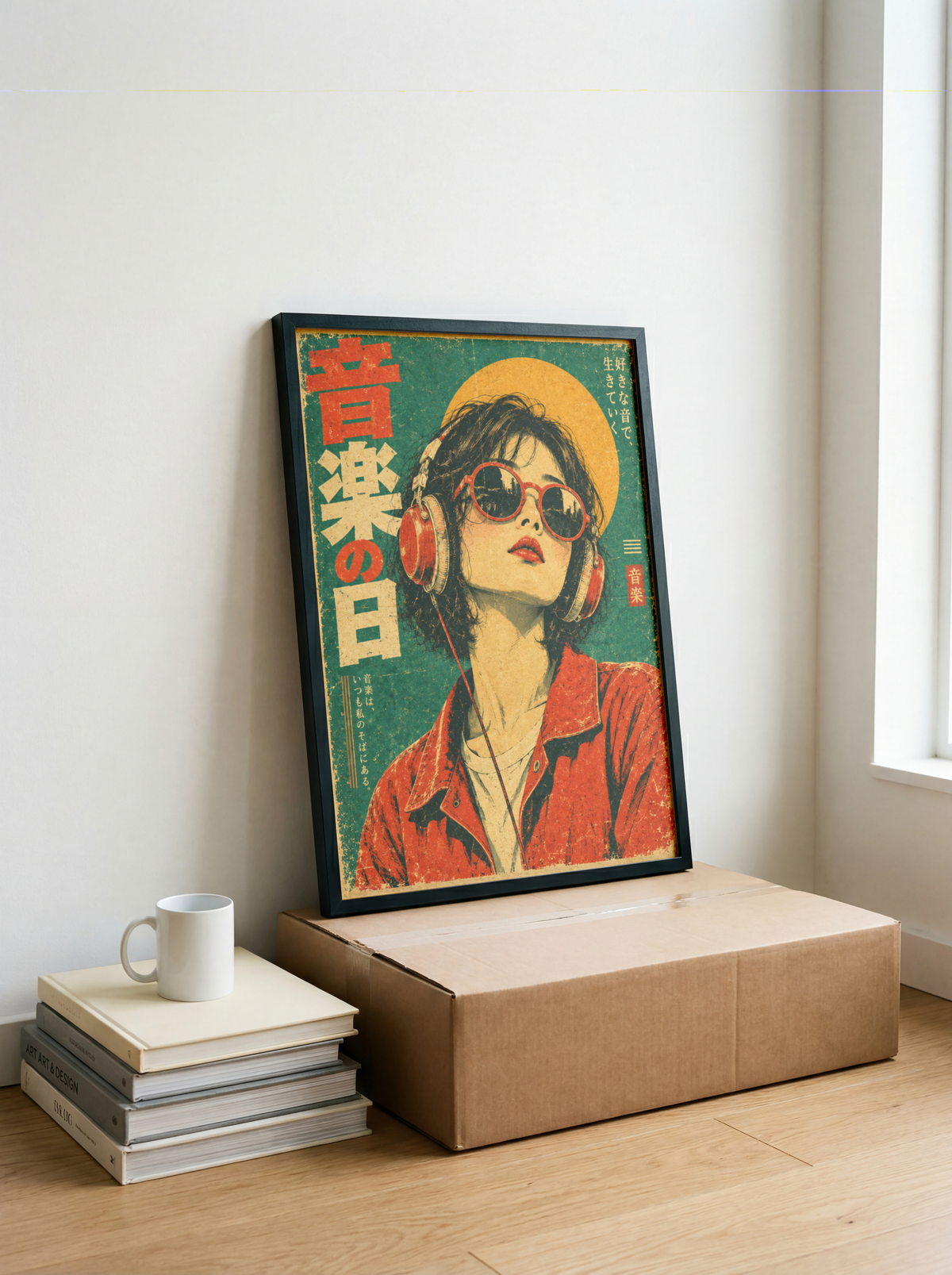 Japanese Pop Art Music Poster, Woman with Headphones and Sunglasses, Retro Portrait Wall Decor