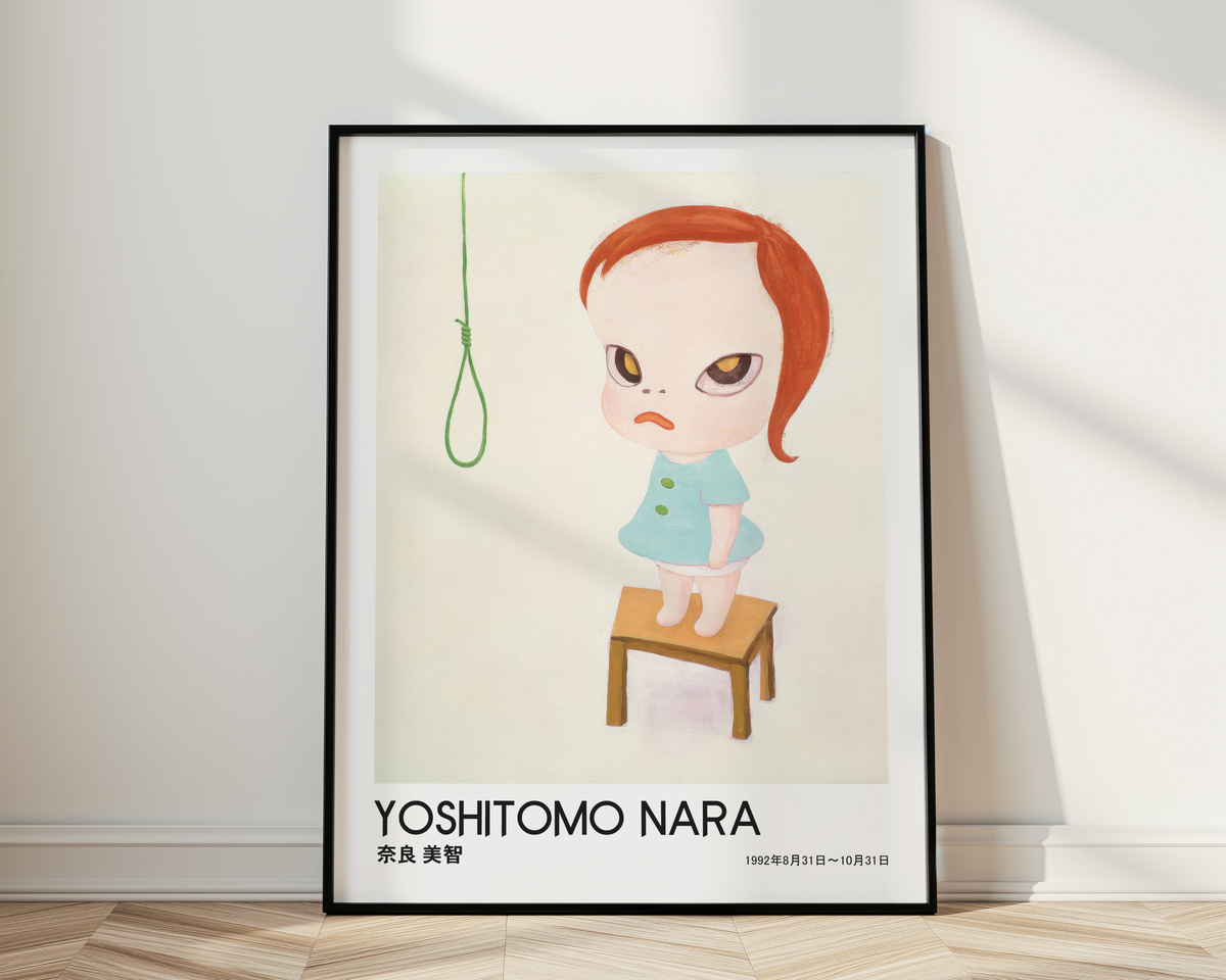 Yoshitomo Nara Red Haired Girl on Stool Poster, Japanese Contemporary Art Print, Minimalist Wall Decor, Green Eyes Artwork