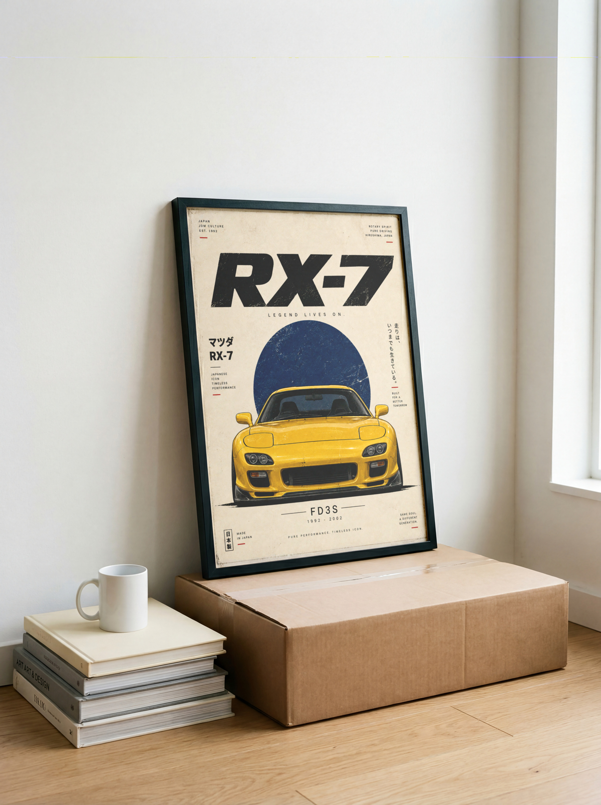 Japanese Rotary Sports Car Poster, Minimalist JDM Wall Art, 90s Yellow Coupe Print, Retro Tuner Illustration, Garage Decor