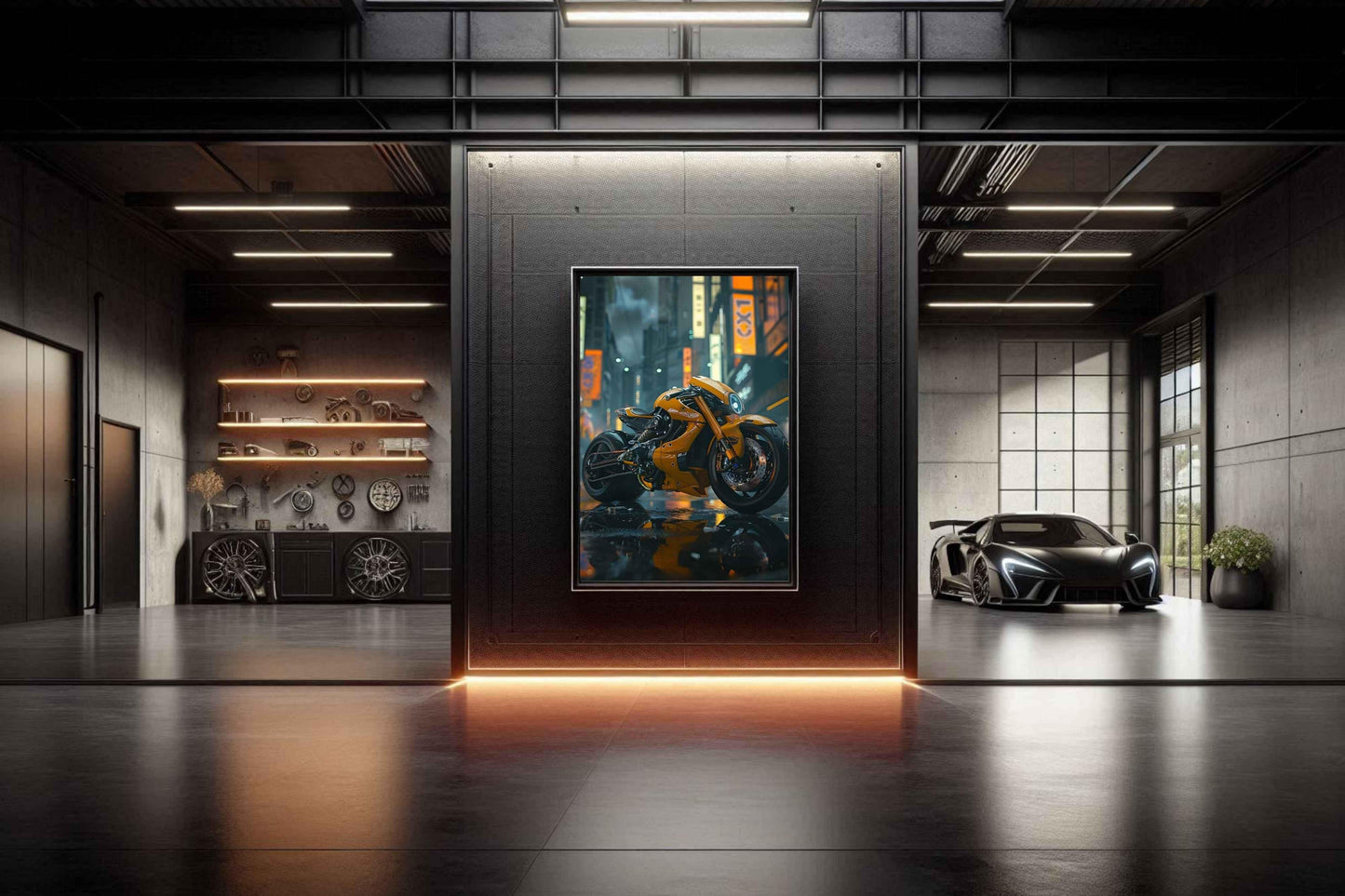 🏍️🏁🔧 Moto Cyberpunk Série futuriste #️⃣1 - (Affiche encadrée métal) - Aura Studio Déco