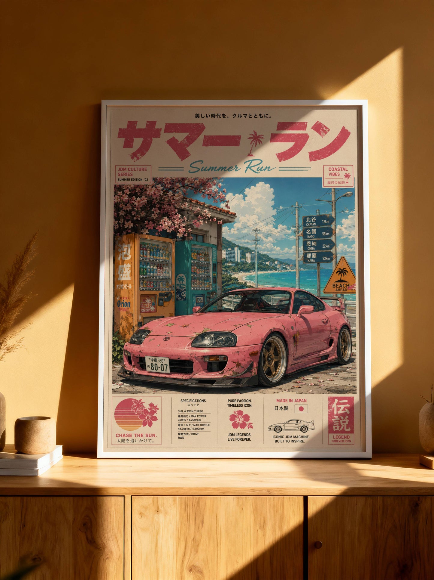 Toyota Supra MK4 Summer Run Poster – Affiche JDM Japonaise Vintage Rose Y2K