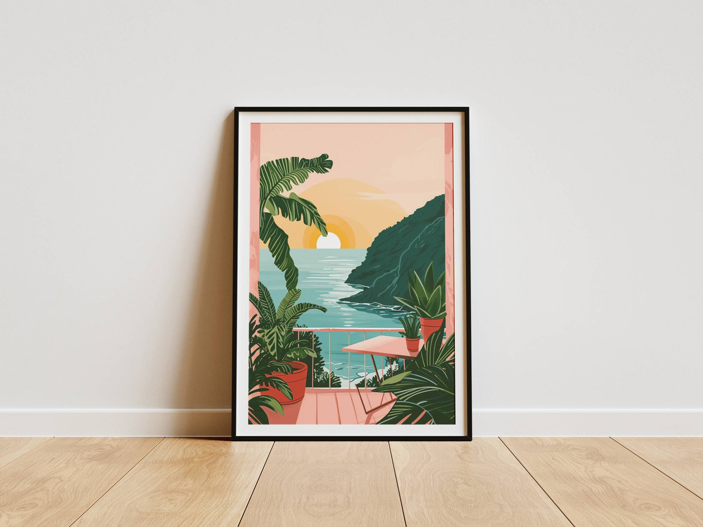 Affiche Terrasse Tropicale au Coucher du Soleil – Vue sur l’Océan et Évasion Paradisiaque | Poster sur Papier Mat