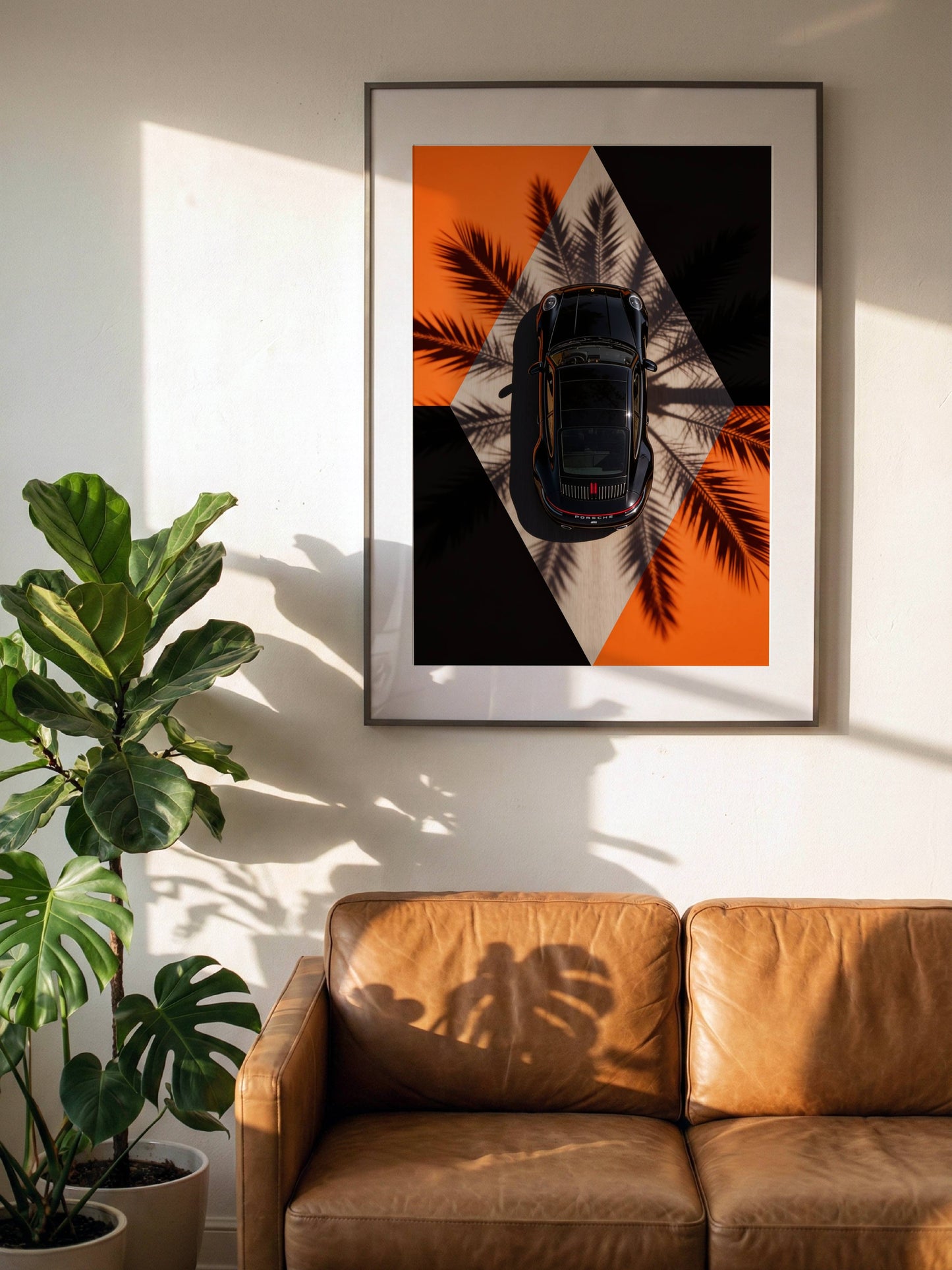 Affiche Porsche Vue Aérienne – Design Graphique Moderne & Ombres de Palmiers | Poster Automobile Premium