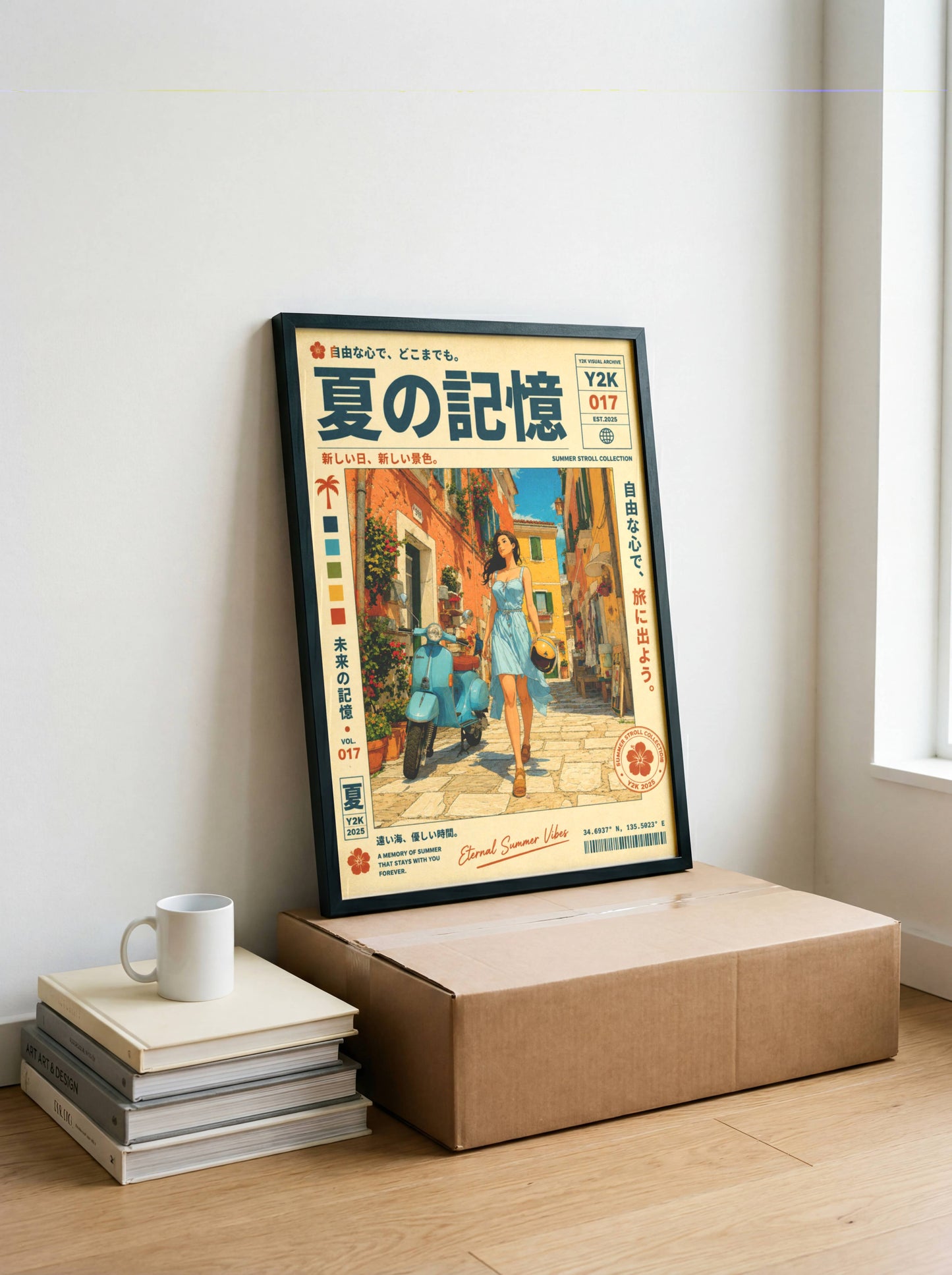 Sunlit Vespa Boulevard – Y2K Mediterranean Summer Poster, Blue Scooter Girl, Coastal Village Wanderlust, Vintage Travel Art