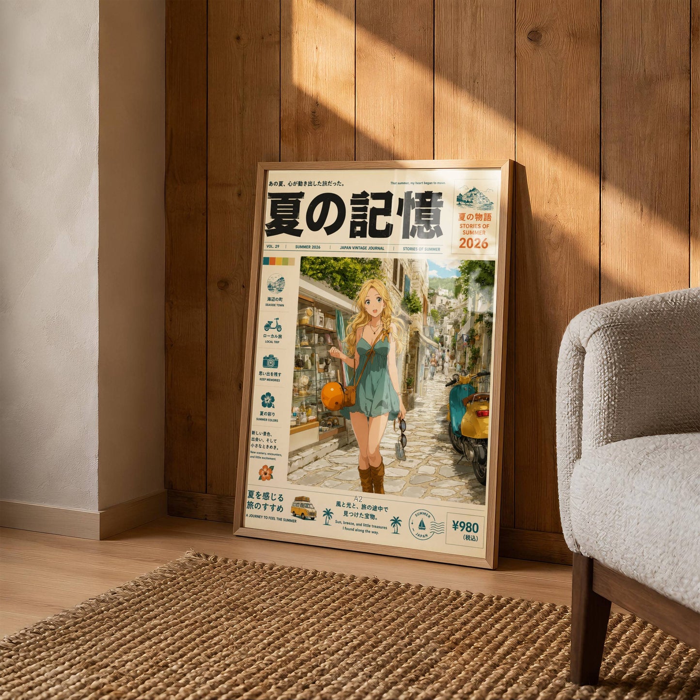 Golden Hour Stroll – Y2K Mediterranean Summer Poster, Blonde Girl in Coastal Village, Vintage Holiday Magazine Cover Art