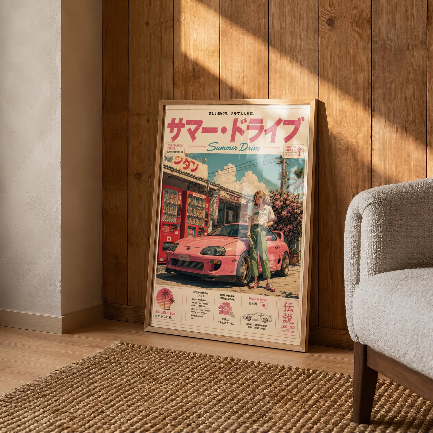 Toyota Supra MK4 Summer Drive Poster – Affiche JDM Japonaise Vintage Rose Style Y2K