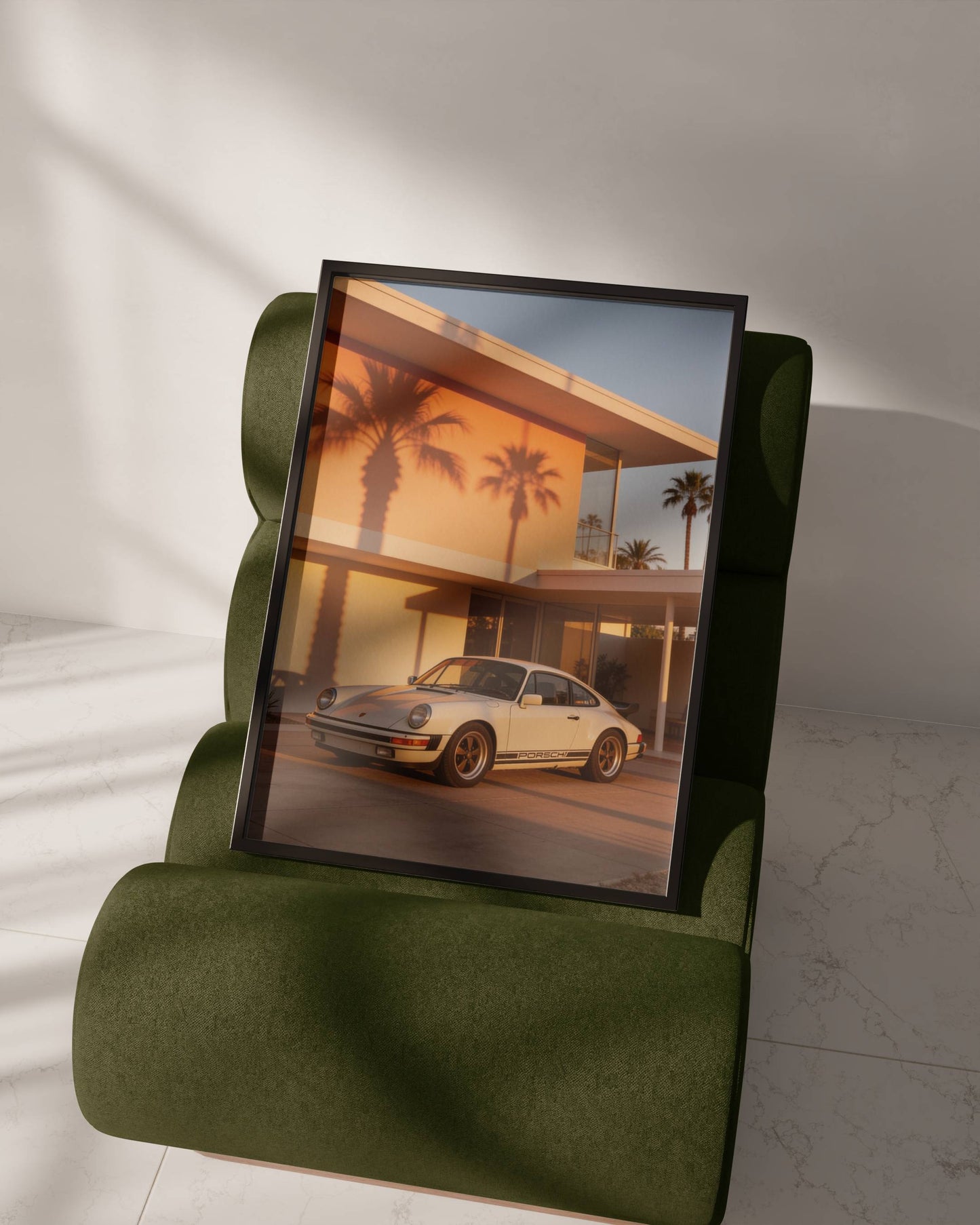 Affiche Porsche Classique devant Villa Moderniste – Architecture de Luxe & Design Rétro | Poster Automobile Premium