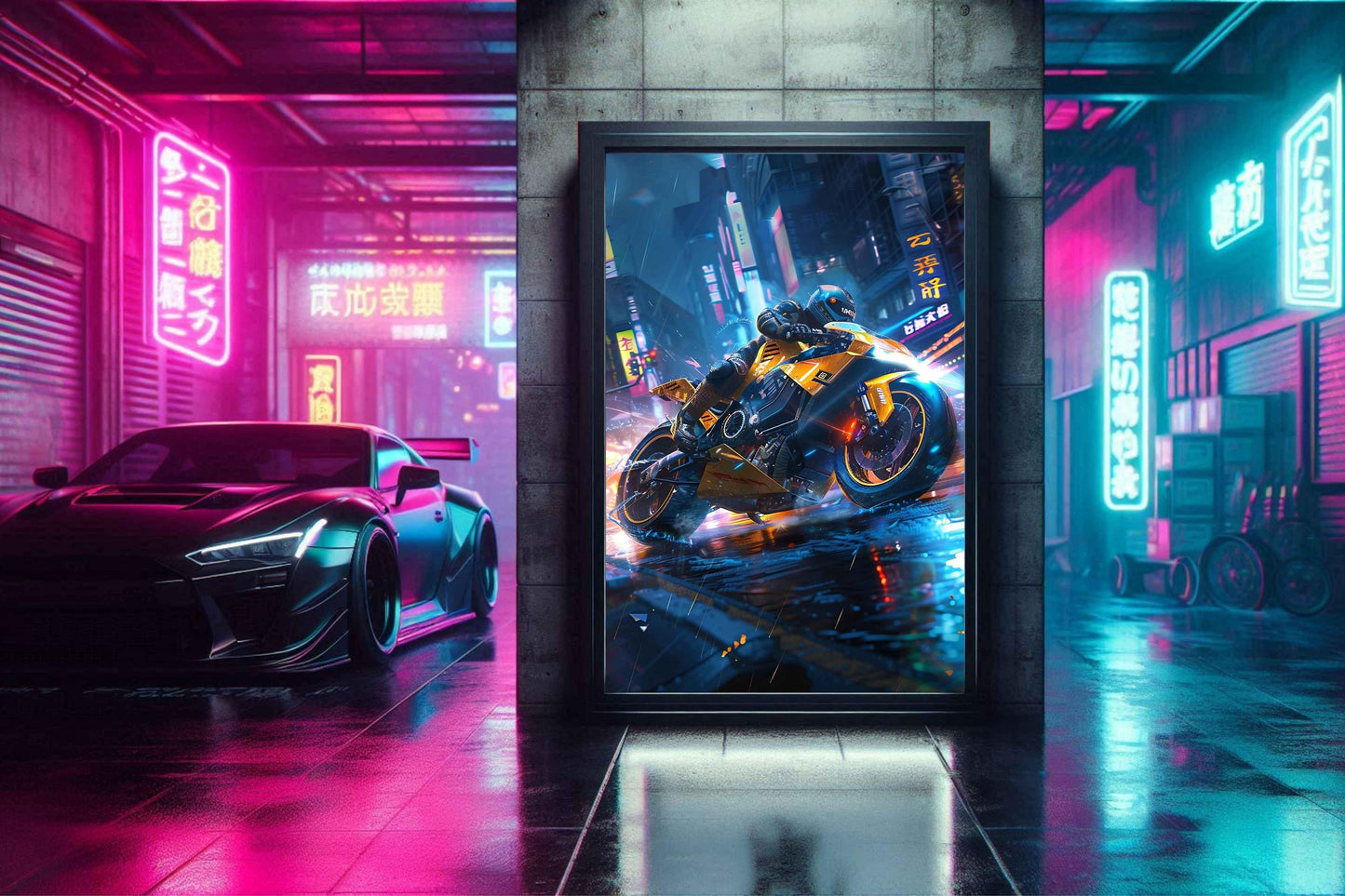 🏍️🏁🔧 Moto Cyberpunk Série futuriste #️⃣6 - (Affiche encadrée métal) - Aura Studio Déco