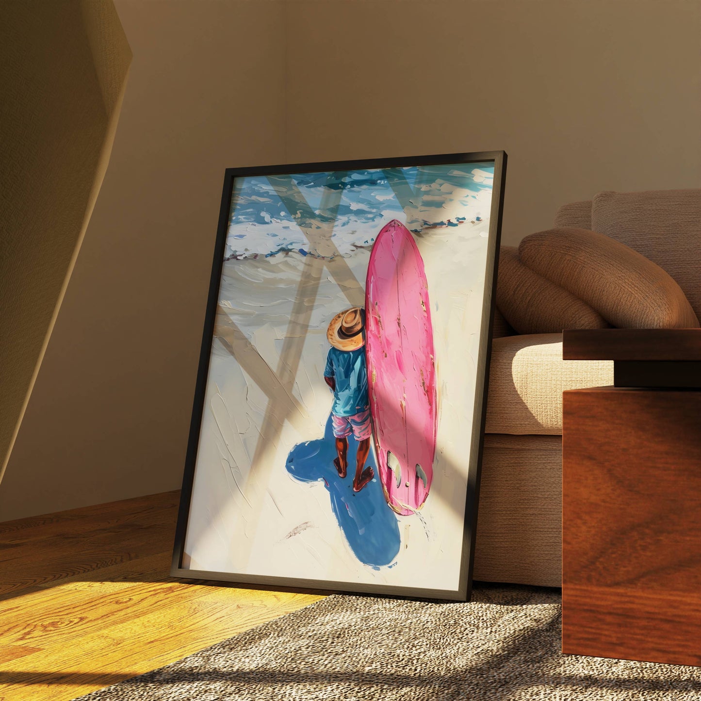 Affiche Trendy Surfeur et Planche Rose – Esprit Plage et Évasion Estivale | Poster sur Papier Mat