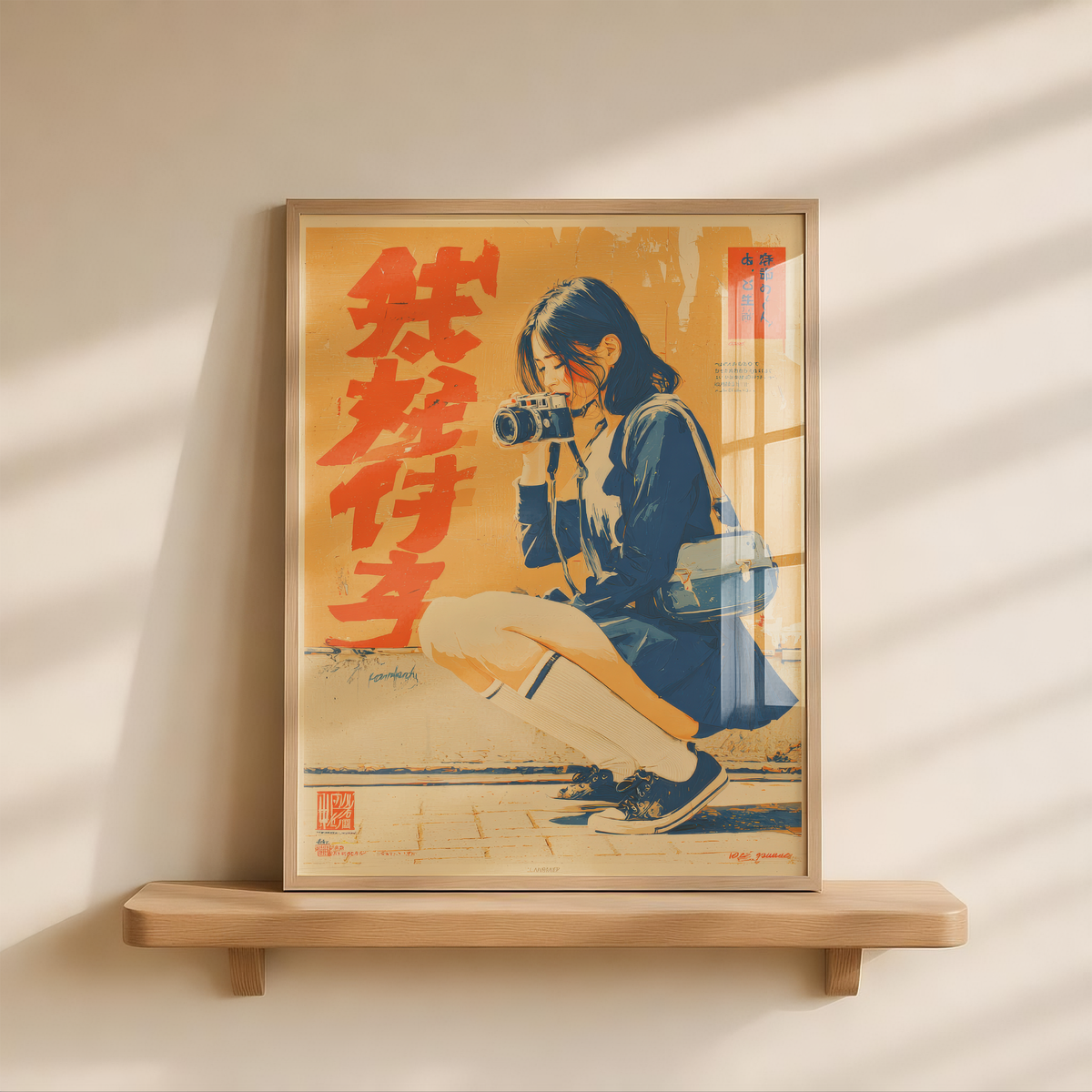 Affiche Japonaise Vintage Photographe, Femme avec Appareil Photo, Wall Art Rétro Japonais, Poster Orange et Bleu