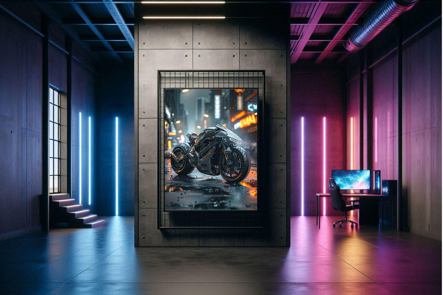 🏍️🏁🔧 Moto Cyberpunk Série futuriste #️⃣13 - (Affiche encadrée métal) - Aura Studio Déco