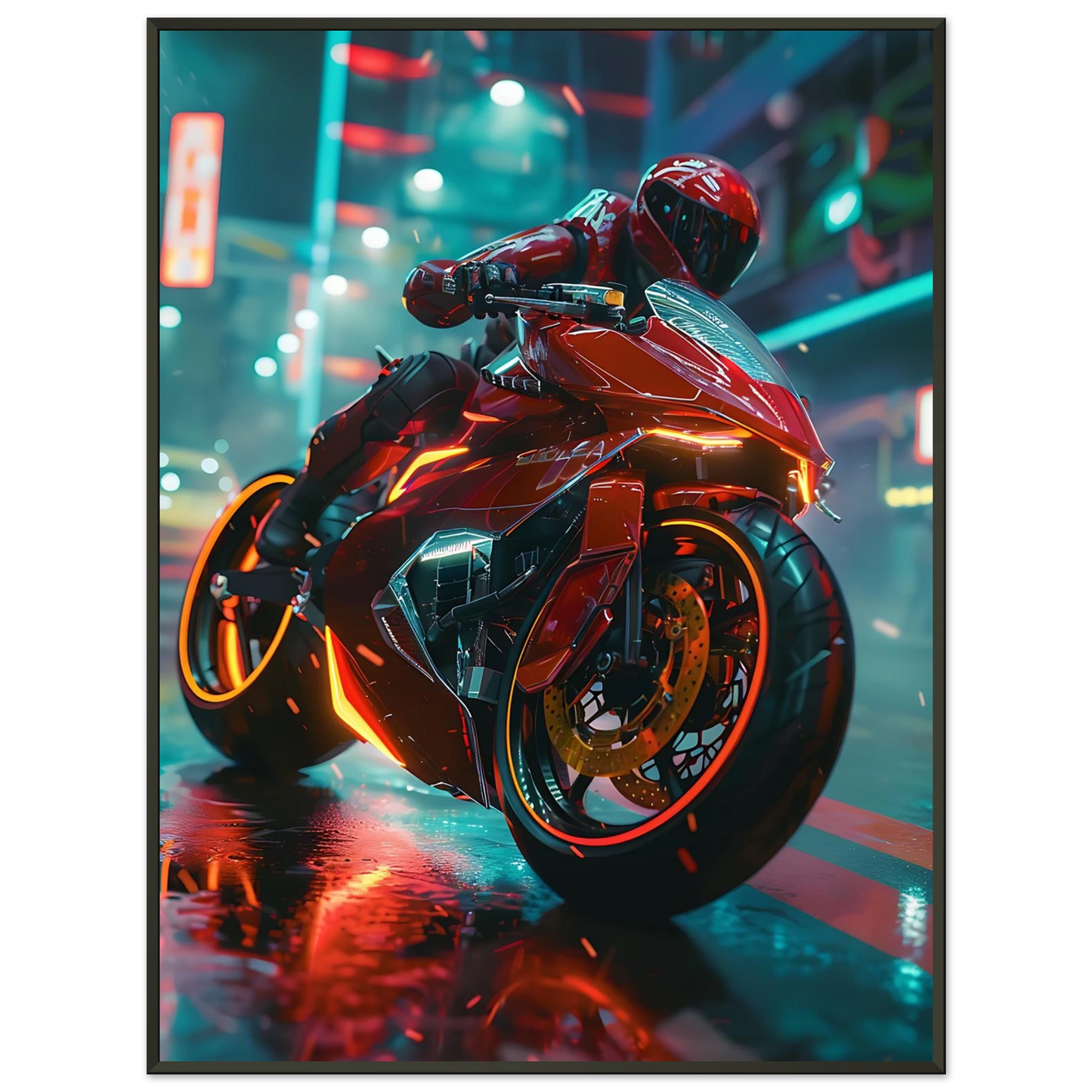 🏍️🏁🔧 Moto Cyberpunk Série futuriste #️⃣7 - (Affiche encadrée métal) - Aura Studio Déco