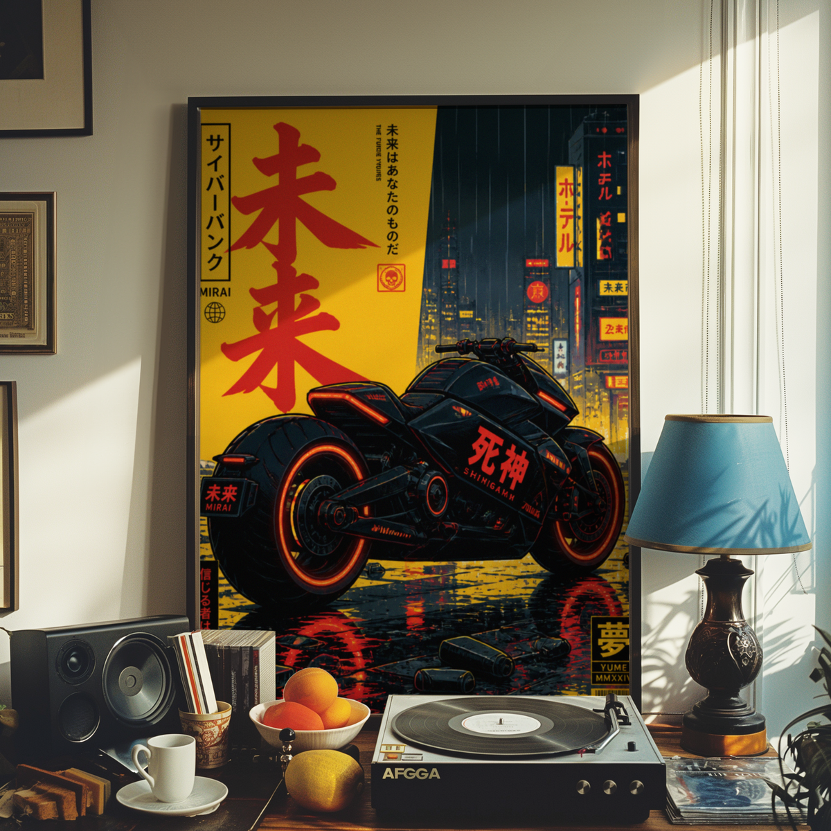 Cyberpunk Motorcycle Poster, Futuristic Japanese Bike Wall Art, Neon Tokyo Street Print, Dark Retro Future Motorcycle Decor