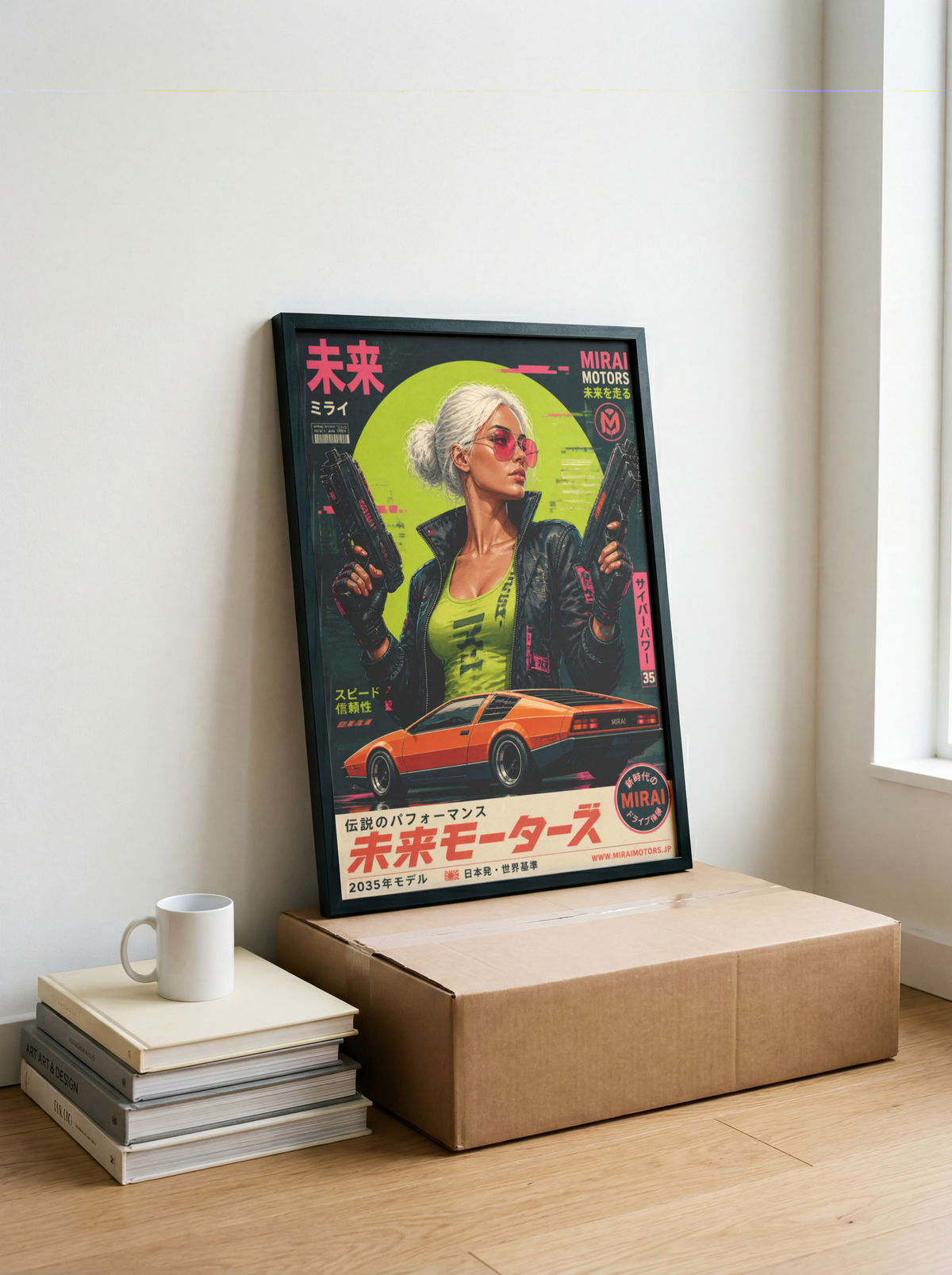 Cyberpunk Future Motors Poster, Futuristic Car Girl Wall Art, Retro Sci-Fi Print, Neon Street Racing Decor, Japanese Cyberpunk Artwork