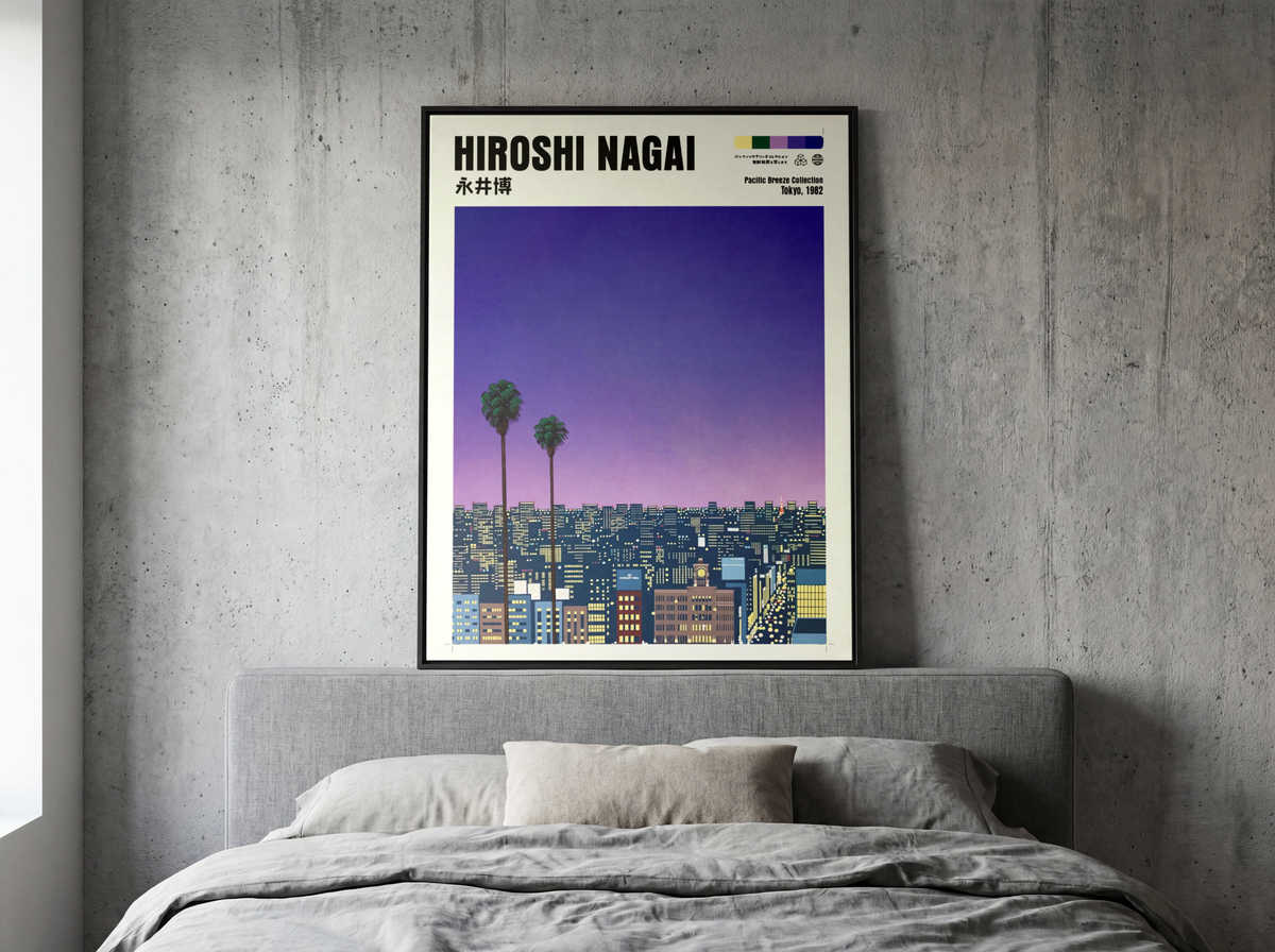 Hiroshi Nagai Pacific Breeze Poster, Tokyo 1982, Japanese City Nightscape, Palm Trees, Retro Sunset Wall Art, Japan Decor