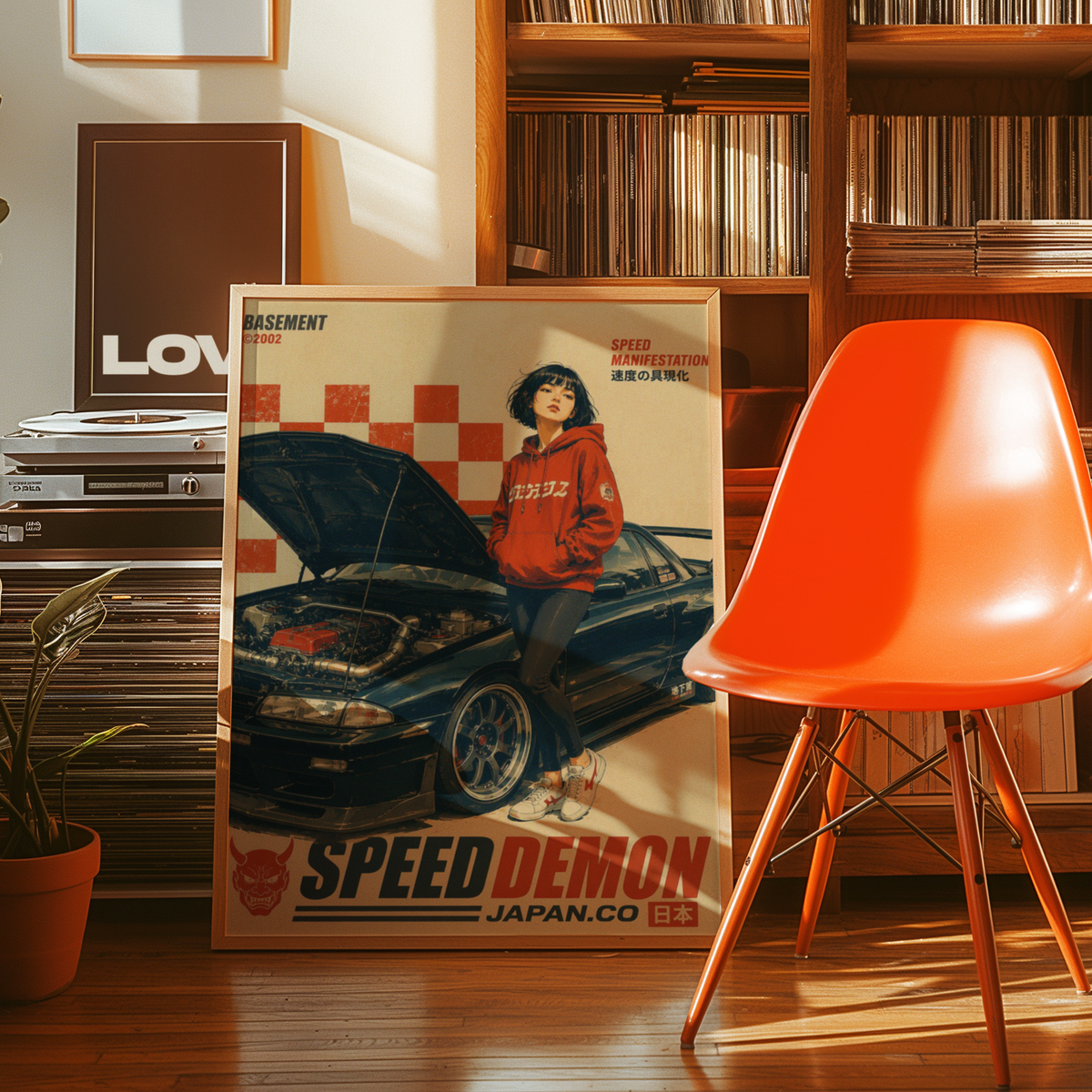 Affiche vintage voiture japonaise sportive, tuning et culture automobile, jeune femme et moteur ouvert, style rétro japonais, passion auto