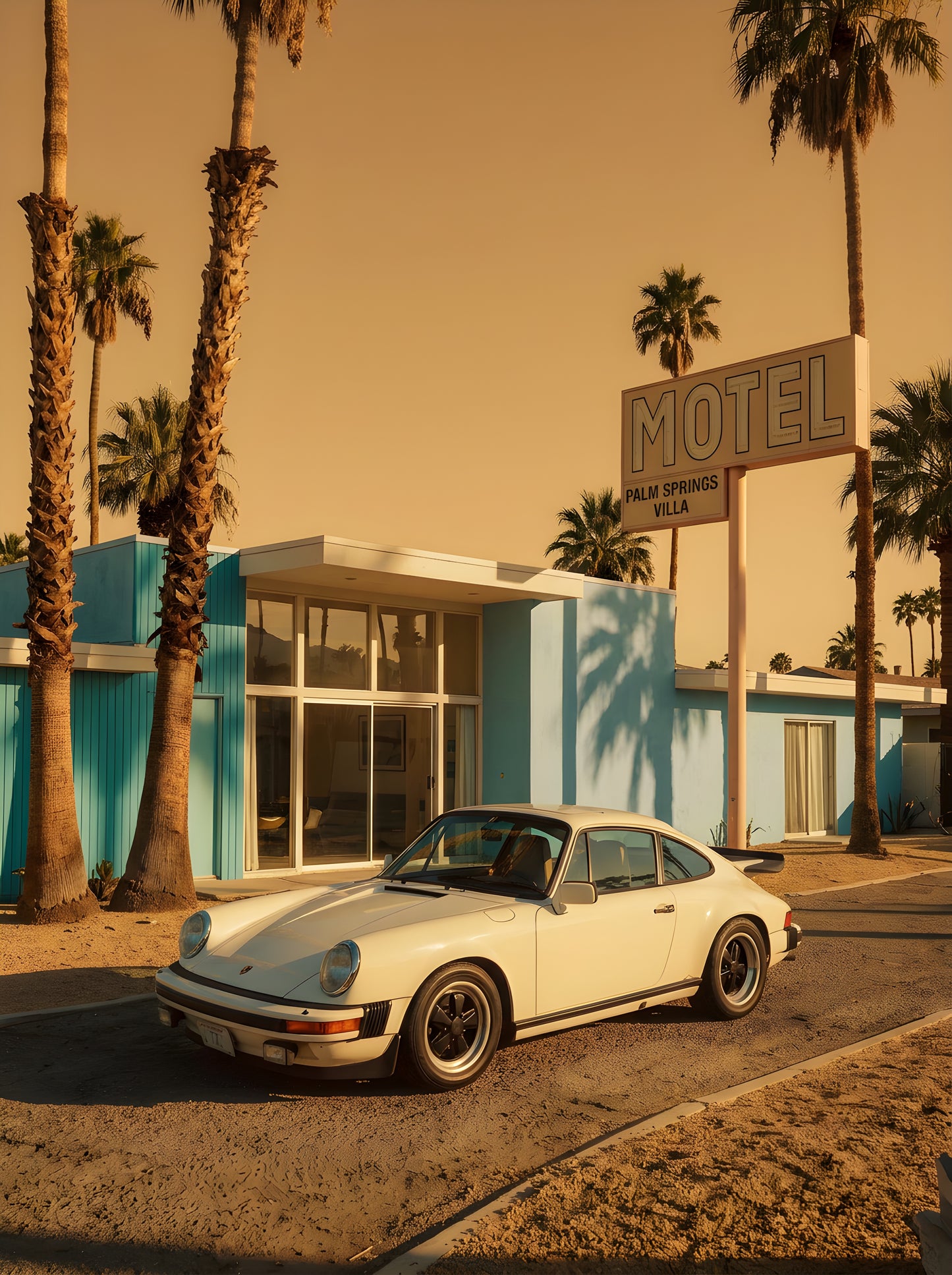 Affiche Porsche 911 devant Motel Vintage – Esprit Road Trip Américain & Architecture Mid-Century | Poster Automobile Rétro