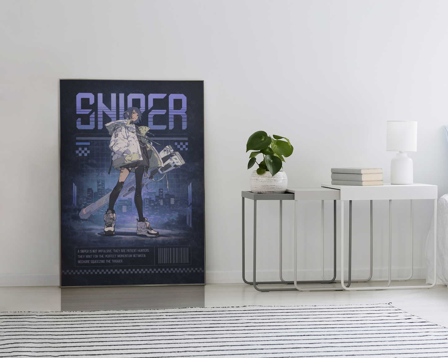 Impression artistique de la collection Neo Tokyo d'Aura Studio, affiche japonaise anime sur le sol d'une chambre.