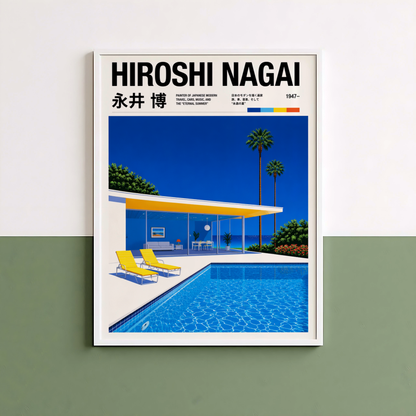 Affiche style Hiroshi Nagai, villa moderne avec piscine, palmiers tropicaux, art japonais rétro, décoration murale City Pop