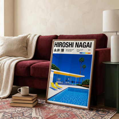 Affiche style Hiroshi Nagai, villa moderne avec piscine, palmiers tropicaux, art japonais rétro, décoration murale City Pop