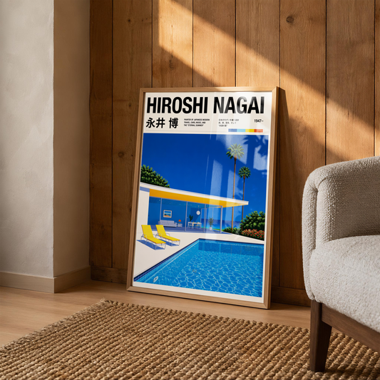 Affiche style Hiroshi Nagai, villa moderne avec piscine, palmiers tropicaux, art japonais rétro, décoration murale City Pop