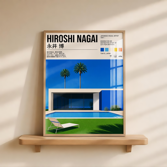 Affiche villa moderne style japonais rétro, piscine minimaliste, palmiers tropicaux, décoration murale vintage City Pop