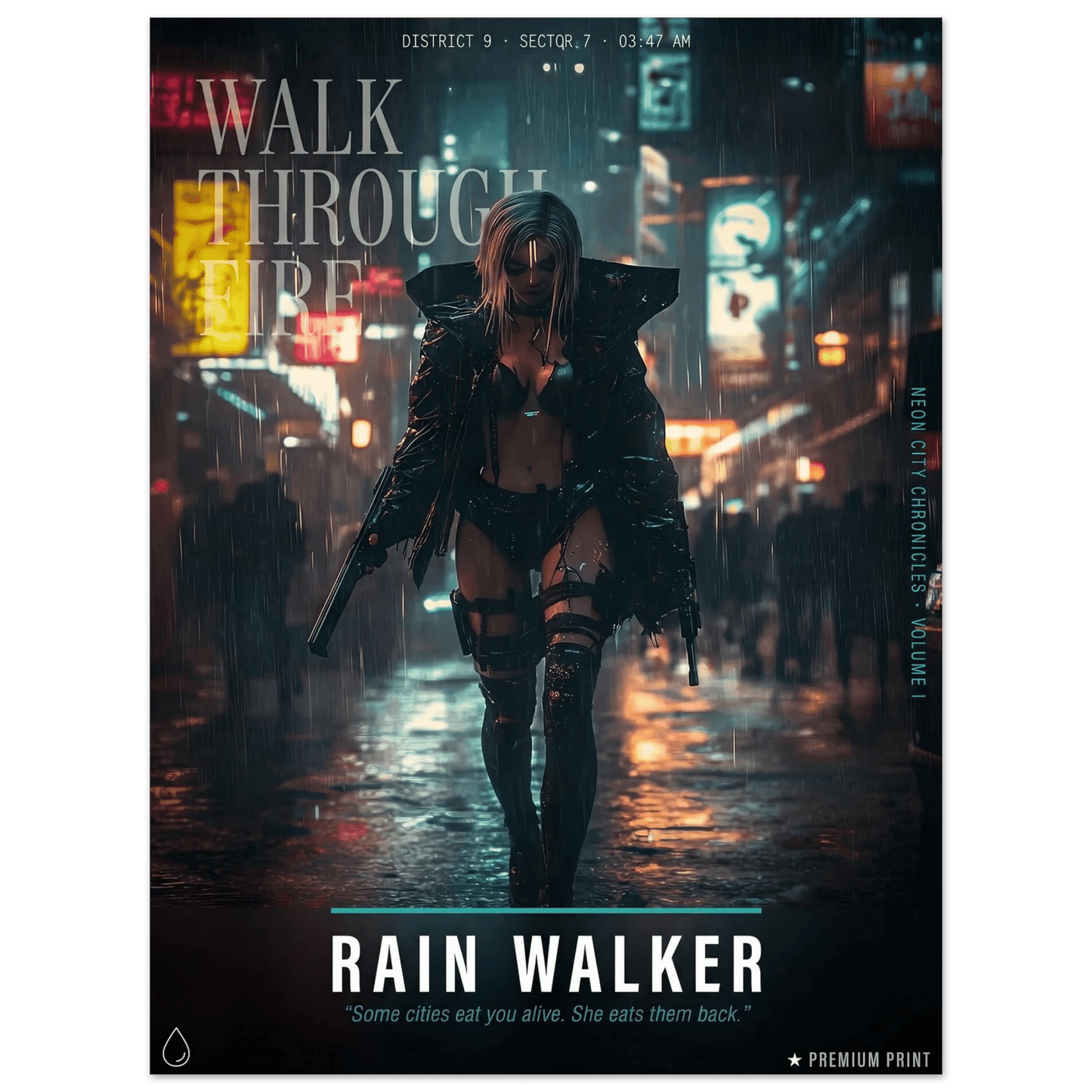☣️🧬 Série limitée Art Cyberpunk - Poster Cybergirl Rain Walker - Aura Studio Déco
