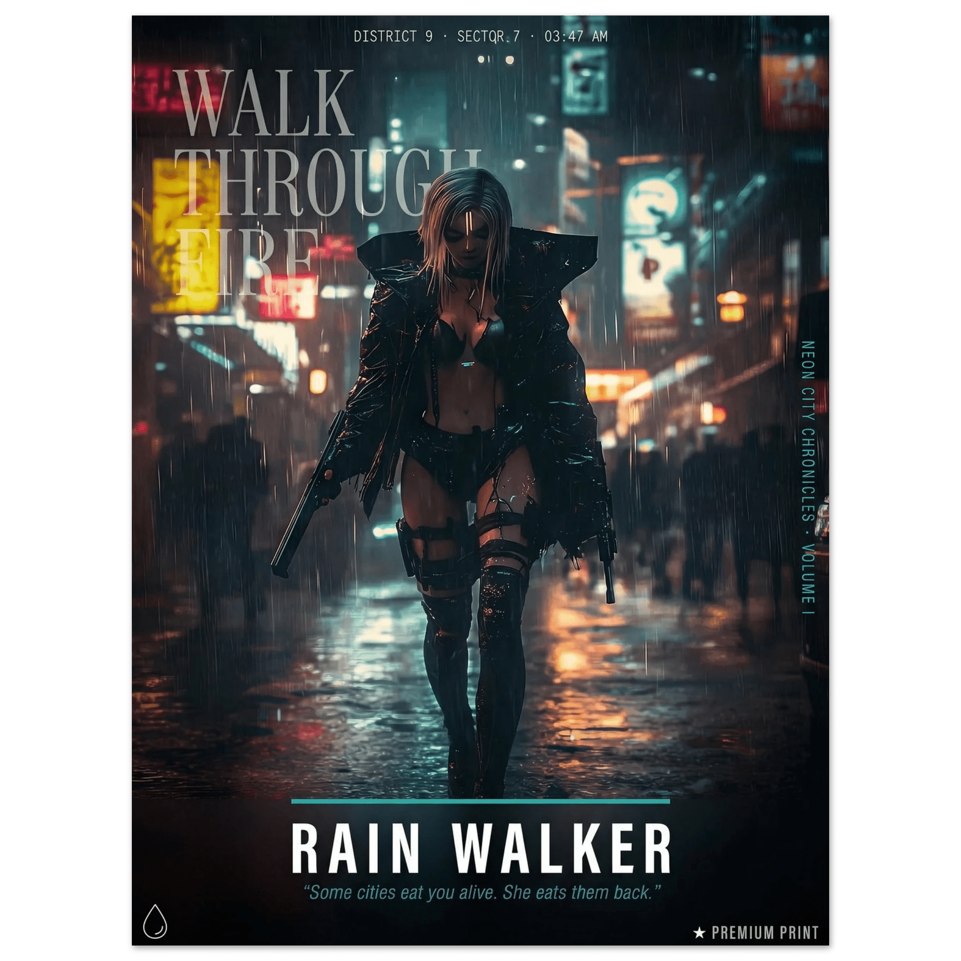 ☣️🧬 Série limitée Art Cyberpunk - Poster Cybergirl Rain Walker - Aura Studio Déco