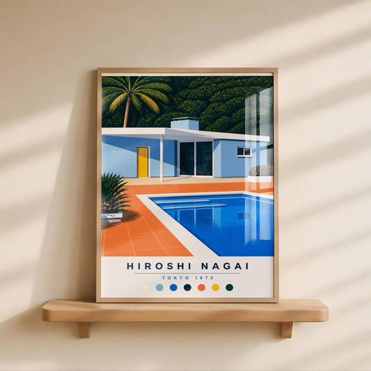 Affiche style Hiroshi Nagai, villa bleue moderne, piscine rétro, architecture minimaliste japonaise, décoration murale vintage