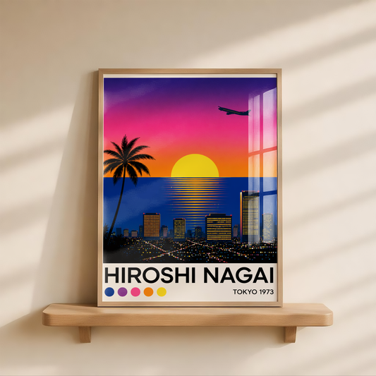 Affiche style Hiroshi Nagai, coucher de soleil tropical, skyline rétro, City Pop japonaise, décoration murale vintage
