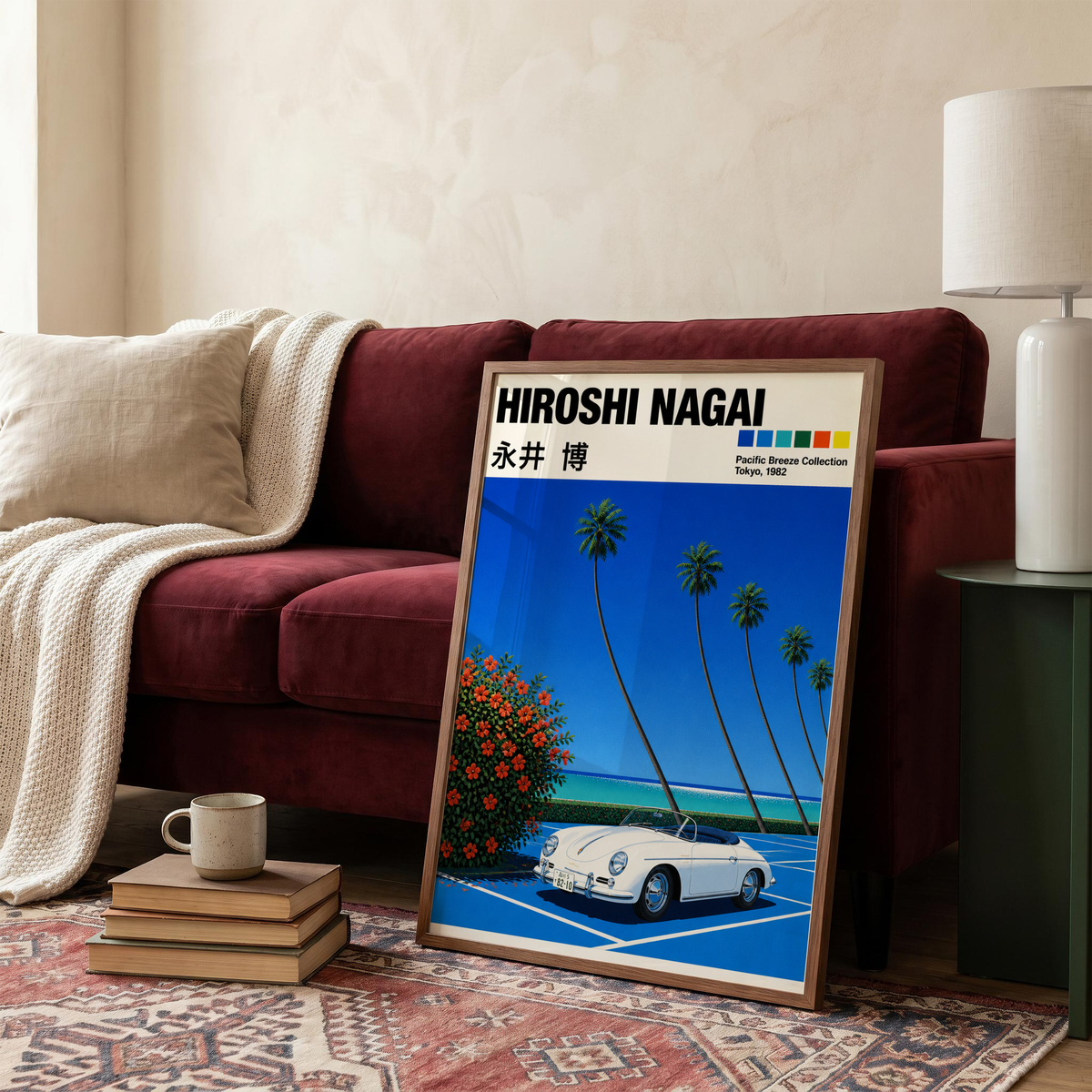 Affiche style Hiroshi Nagai, Porsche 356 blanche, palmiers tropicaux, bord de mer, décoration murale rétro japonaise