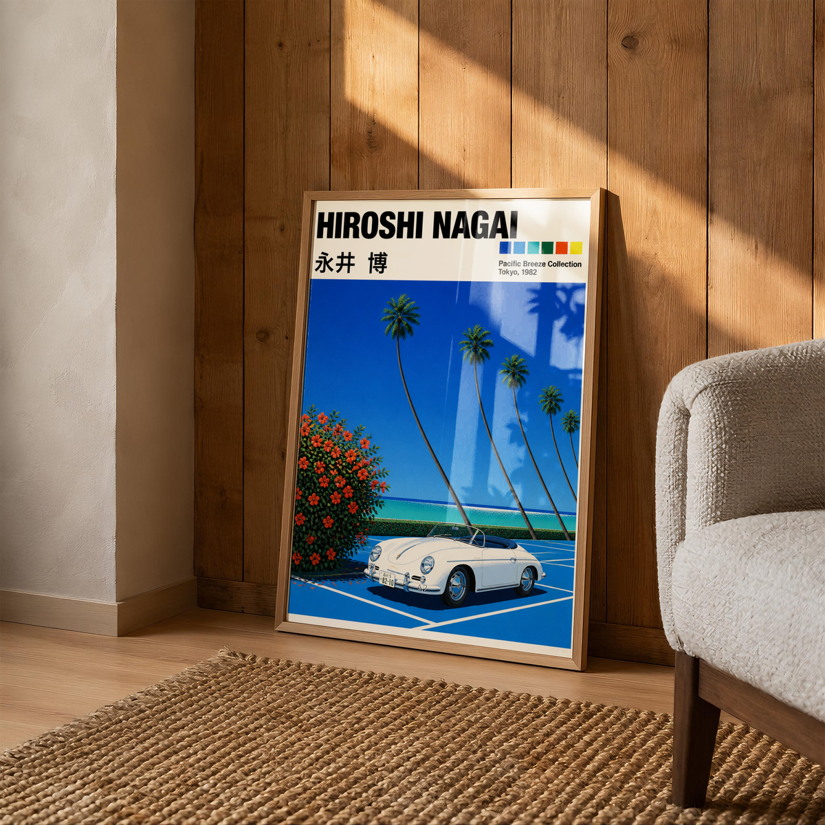 Affiche style Hiroshi Nagai, Porsche 356 blanche, palmiers tropicaux, bord de mer, décoration murale rétro japonaise