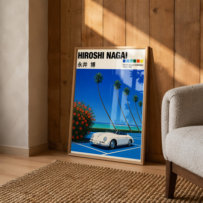 Affiche style Hiroshi Nagai, Porsche 356 blanche, palmiers tropicaux, bord de mer, décoration murale rétro japonaise