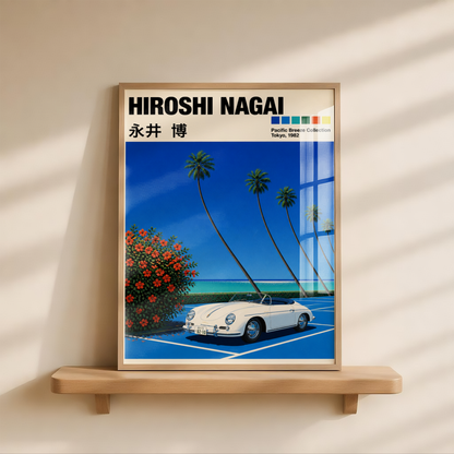 Affiche style Hiroshi Nagai, Porsche 356 blanche, palmiers tropicaux, bord de mer, décoration murale rétro japonaise