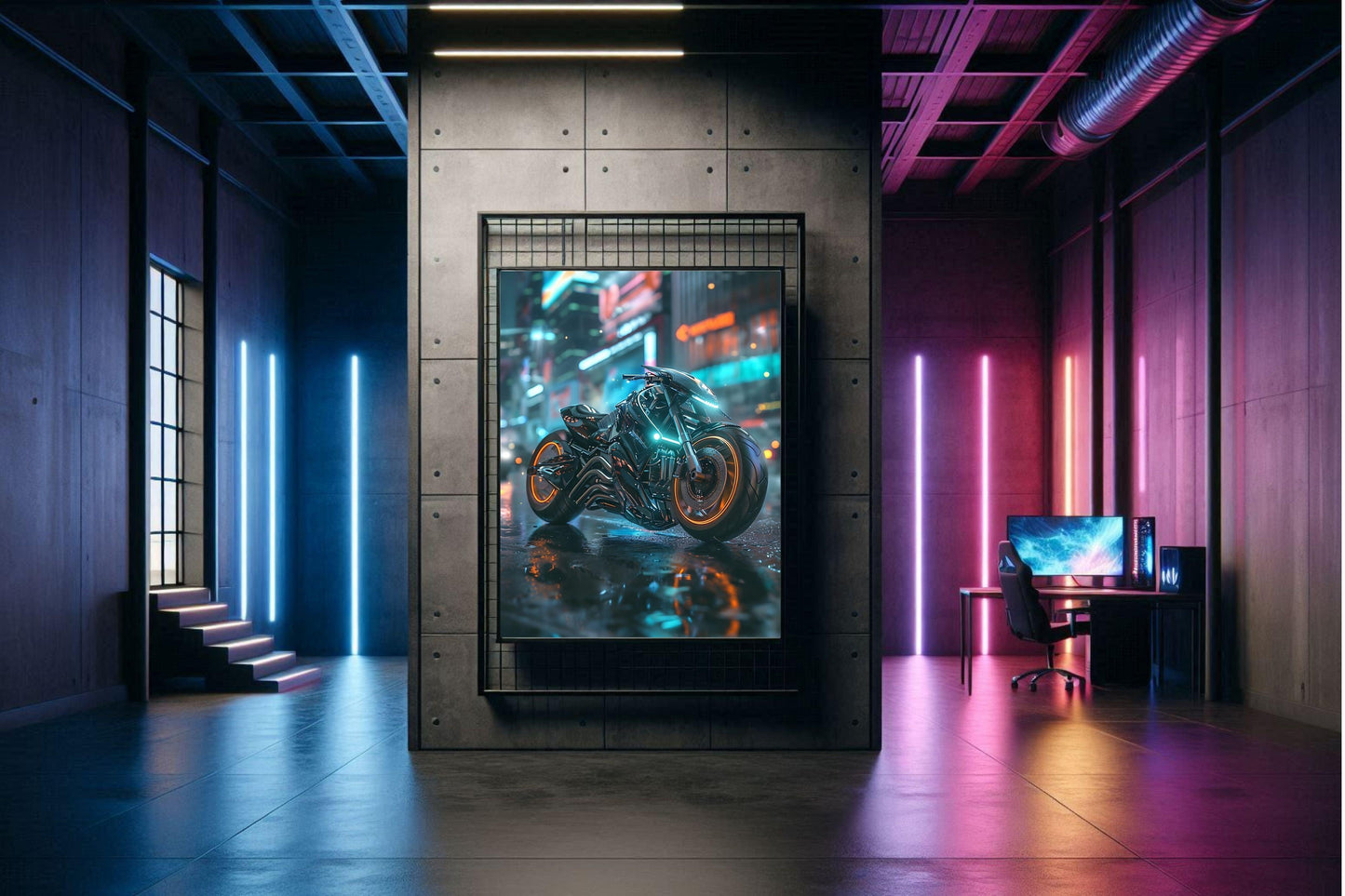 🏍️🏁🔧 Moto Cyberpunk Série futuriste #️⃣16  - (Affiche encadrée métal) - Aura Studio Déco