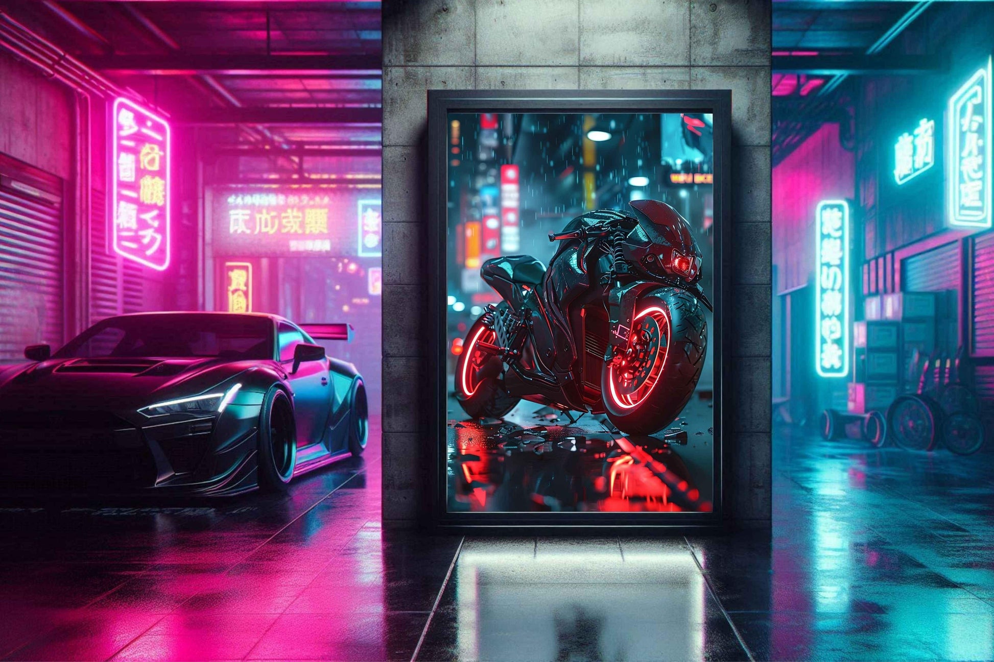 🏍️🏁🔧 Moto Cyberpunk Série futuriste #️⃣5  - (Affiche encadrée métal) - Aura Studio Déco