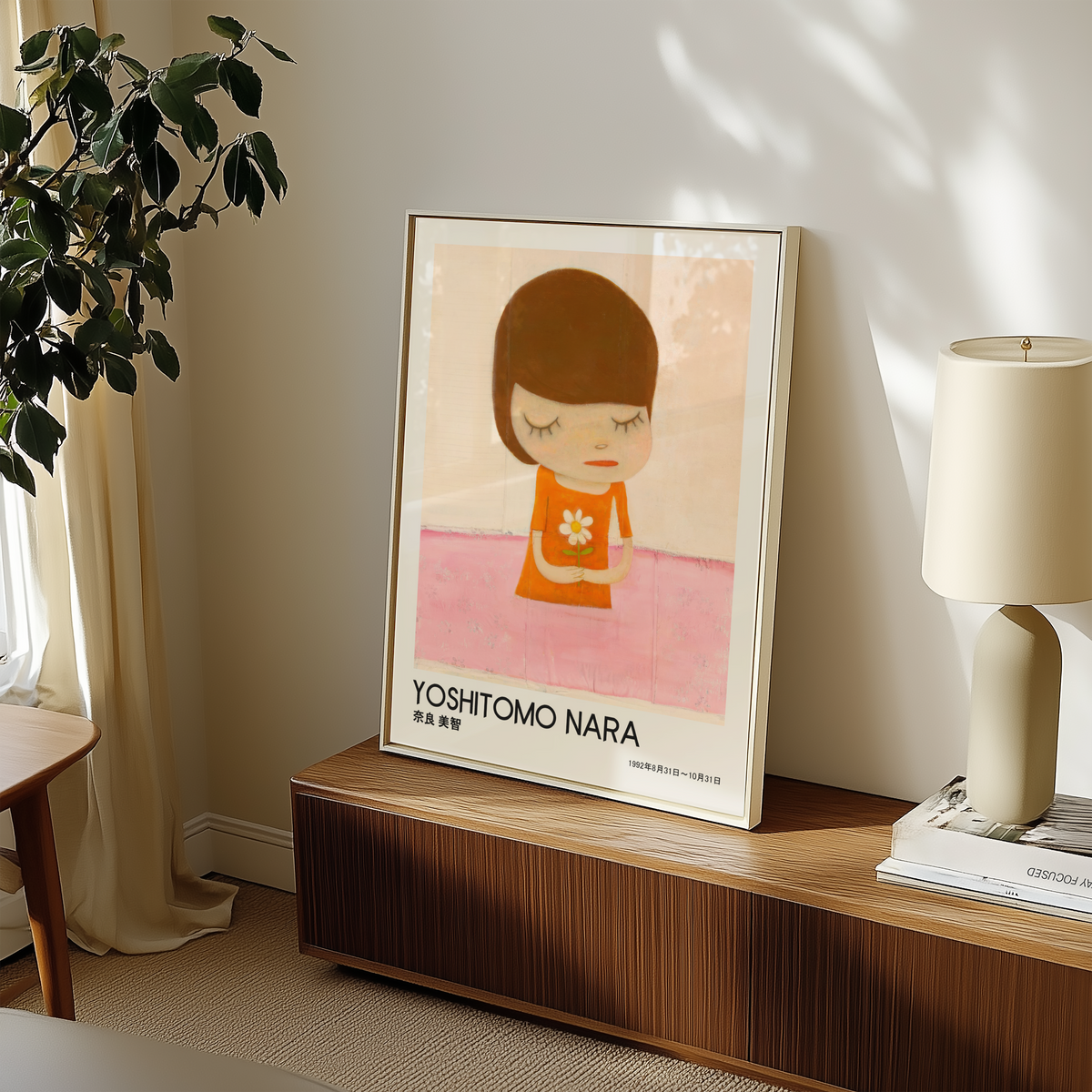 Yoshitomo Nara Girl Holding White Flower Poster, Orange Dress Pink Background, Japanese Contemporary Art Print
