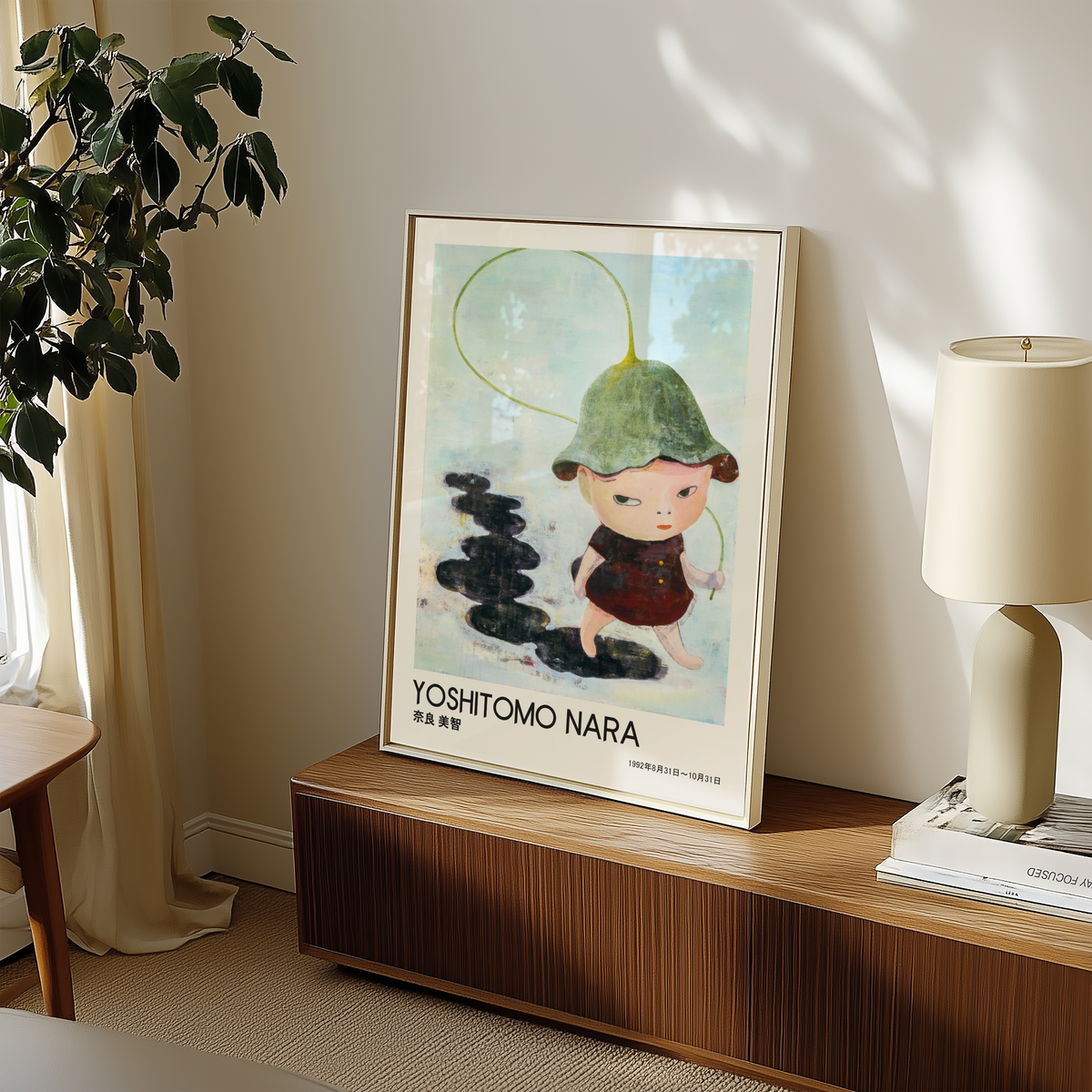 Yoshitomo Nara Little Girl with Green Hat Poster, Japanese Art Print, Rainy Day Wall Decor, Contemporary Illustration