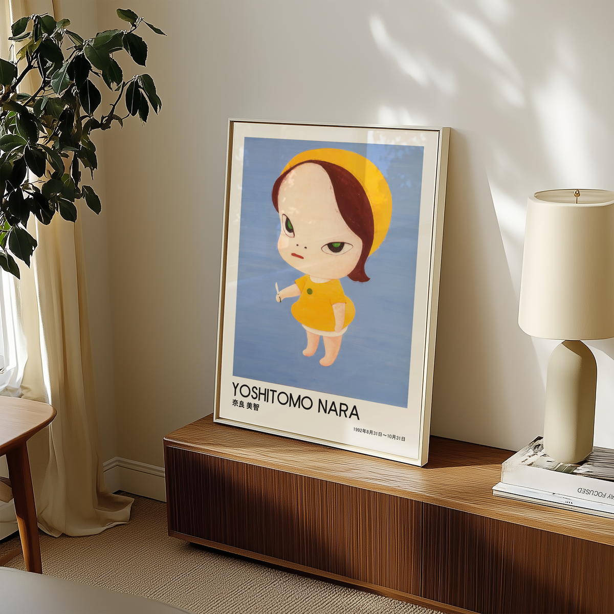 Yoshitomo Nara Yellow Girl with Knife Poster, Blue Background Japanese Art Print, Contemporary Wall Decor, Kawaii Artwork