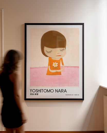 Yoshitomo Nara Girl Holding White Flower Poster, Orange Dress Pink Background, Japanese Contemporary Art Print
