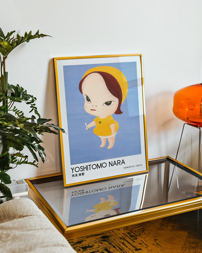 Yoshitomo Nara Yellow Girl with Knife Poster, Blue Background Japanese Art Print, Contemporary Wall Decor, Kawaii Artwork
