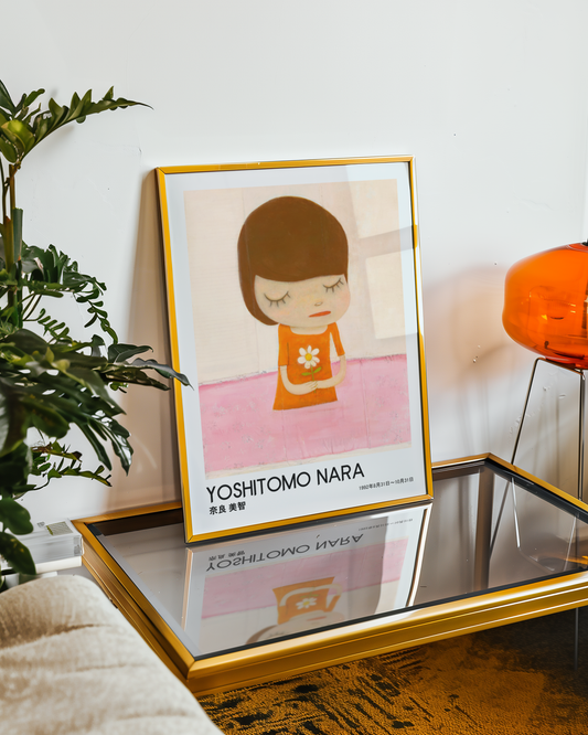 Yoshitomo Nara Girl Holding White Flower Poster, Orange Dress Pink Background, Japanese Contemporary Art Print
