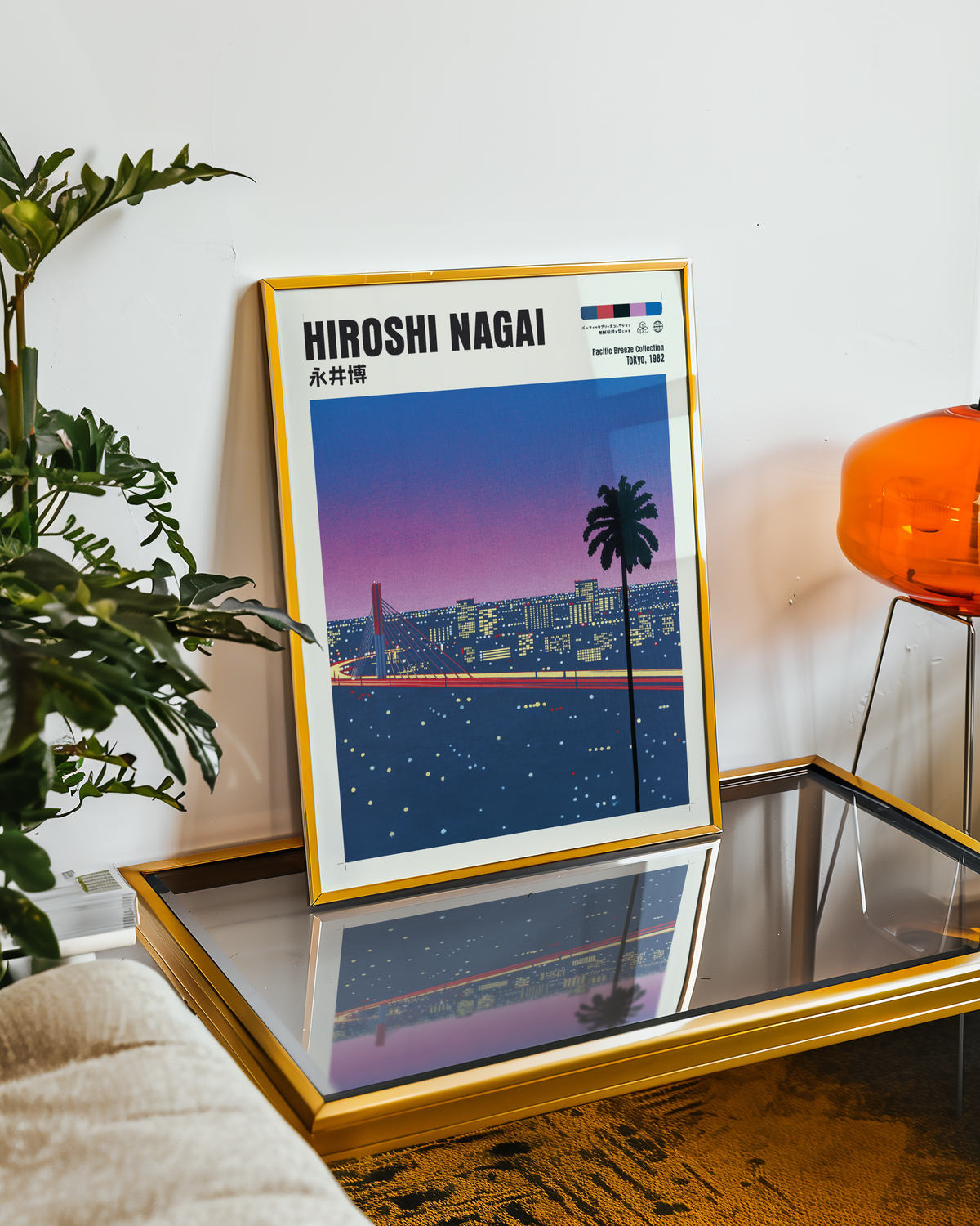Hiroshi Nagai Pacific Breeze Poster, Tokyo Night Bridge, Palm Tree, Pink Sunset, Japanese Cityscape, Retro City Pop Wall Art