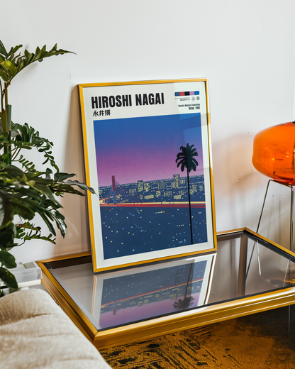 Hiroshi Nagai Pacific Breeze Poster, Tokyo Night Bridge, Palm Tree, Pink Sunset, Japanese Cityscape, Retro City Pop Wall Art