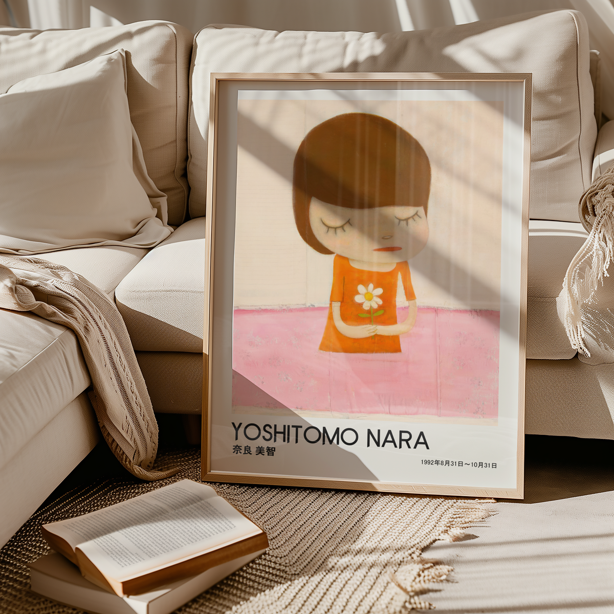 Yoshitomo Nara Girl Holding White Flower Poster, Orange Dress Pink Background, Japanese Contemporary Art Print