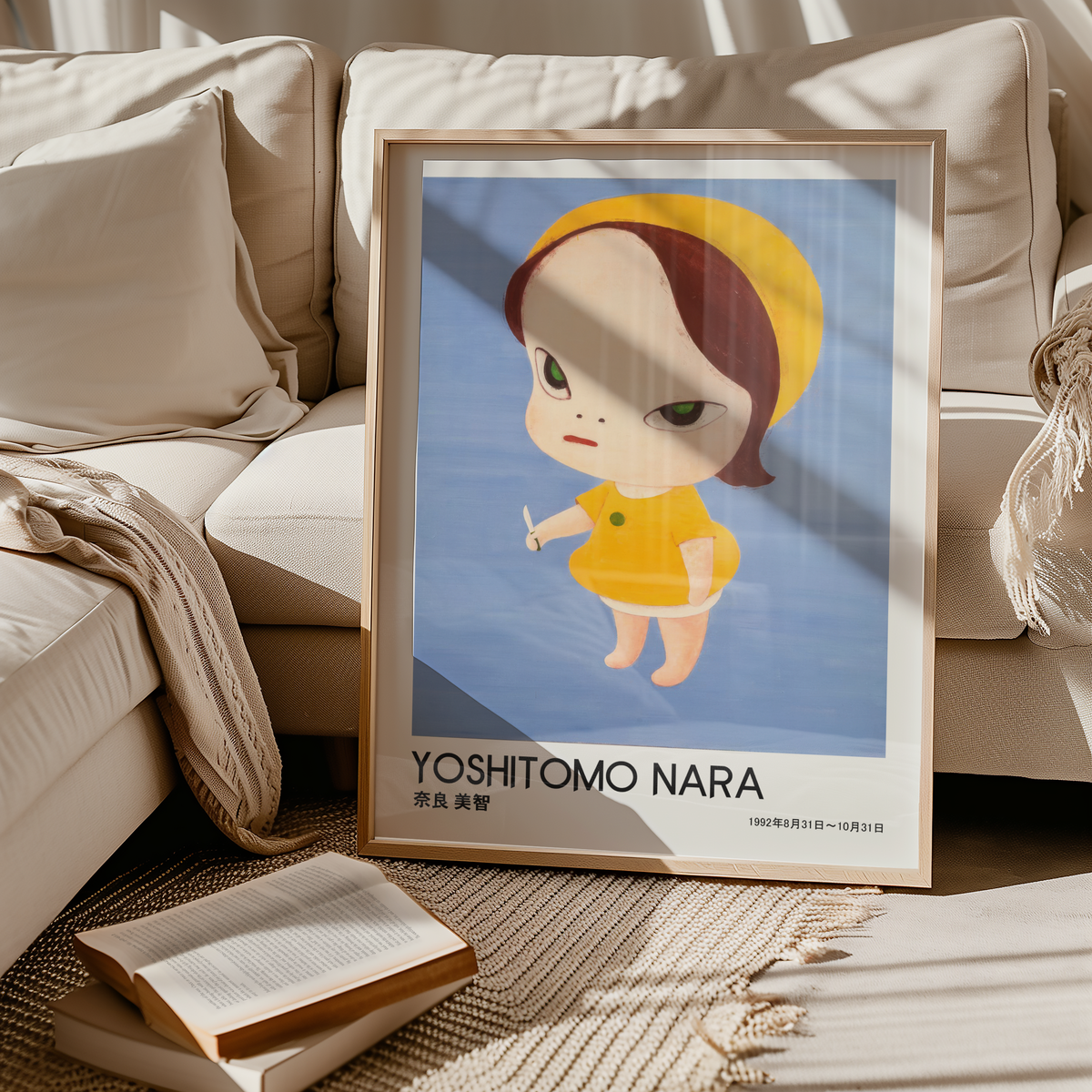 Yoshitomo Nara Yellow Girl with Knife Poster, Blue Background Japanese Art Print, Contemporary Wall Decor, Kawaii Artwork