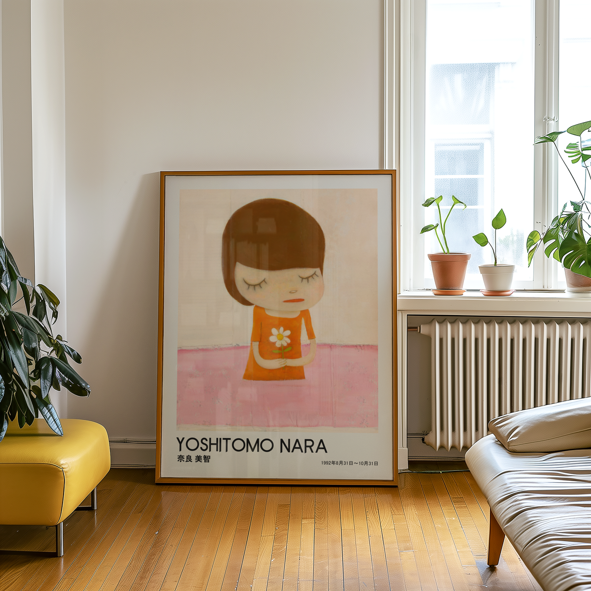 Yoshitomo Nara Girl Holding White Flower Poster, Orange Dress Pink Background, Japanese Contemporary Art Print