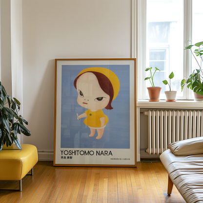 Yoshitomo Nara Yellow Girl with Knife Poster, Blue Background Japanese Art Print, Contemporary Wall Decor, Kawaii Artwork