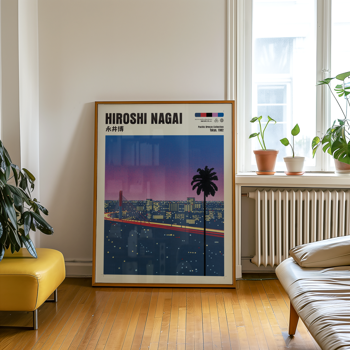 Hiroshi Nagai Pacific Breeze Poster, Tokyo Night Bridge, Palm Tree, Pink Sunset, Japanese Cityscape, Retro City Pop Wall Art